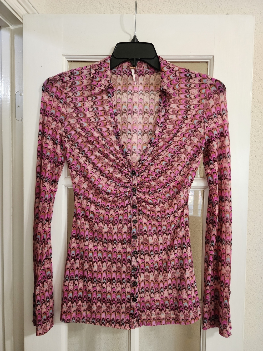 Free People Sheer Mesh Button Front Psychedelic Print Top Pink S